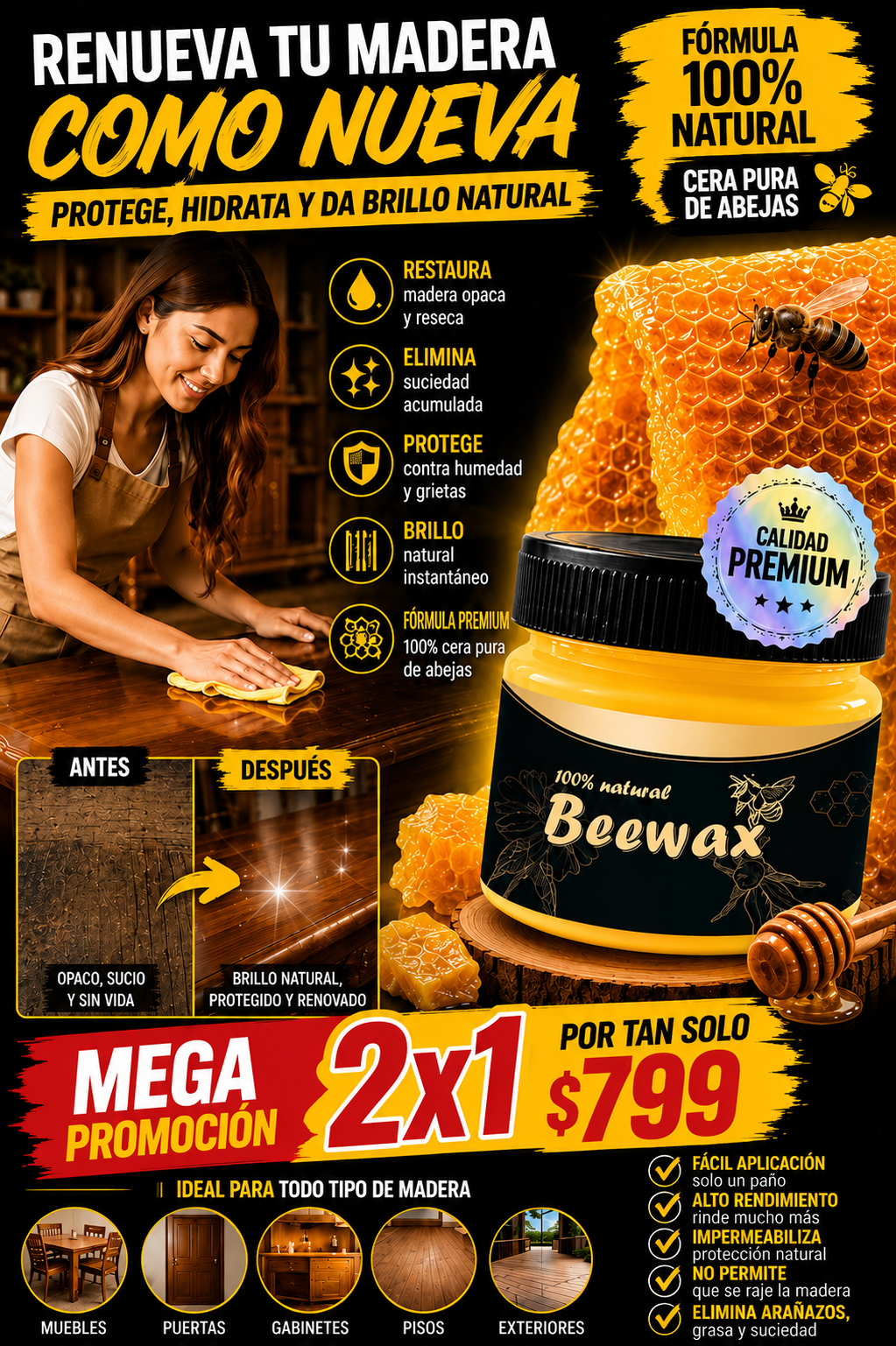 BEEWAX Cera reparadora de madera paga 1 y lleva 2